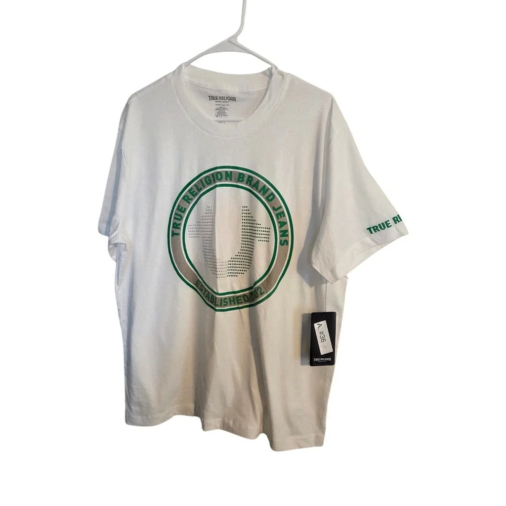 TRUE RELIGION‎ White Green with studs Short Sleeve Graphic T-shirt